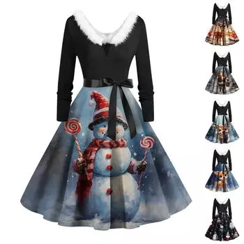 Женское винтажное платье с длинным рукавом и рождественским принтом в стиле 1950-х годов для вечеринки, выпускного вечера, для домохозяйки L