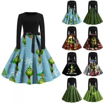 Женское винтажное платье с длинным рукавом и рождественским принтом в стиле 1950-х годов для вечеринки, выпускного вечера, для домохозяйки XXL зелёный