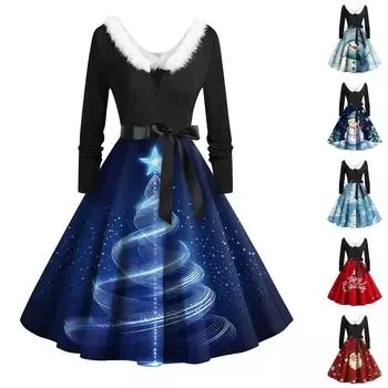 Женское винтажное платье с длинным рукавом и рождественским принтом в стиле 1950-х годов для вечеринки, выпускного вечера, для домохозяйки L