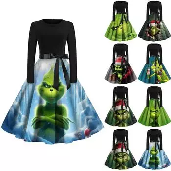 Женское винтажное платье с длинным рукавом и рождественским принтом в стиле 1950-х годов для вечеринки, выпускного вечера, для домохозяйки XXXL красный