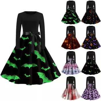 Женское винтажное платье с длинным рукавом для Хэллоуина и принтом 1950-х годов, вечернее платье для выпускного вечера для домохозяйки L