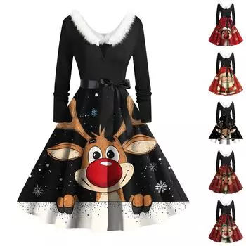 Женское винтажное платье с длинным рукавом и рождественским принтом в стиле 1950-х годов для вечеринки, выпускного вечера, для домохозяйки XXL красный