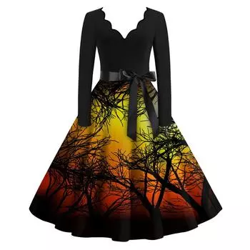Женское винтажное платье с длинным рукавом для Хэллоуина и принтом 1950-х годов, вечернее платье для выпускного вечера для домохозяйки M винный