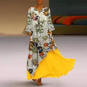 Женское винтажное платье с длинными рукавами и цветочным принтом больших размеров, с V-образным вырезом XXXL жёлтый