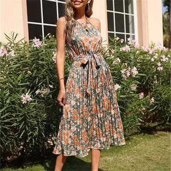 Женское винтажное платье с открытыми плечами и цветочным принтом на бретельках, подол, тонкая талия с разрезом, нерегулярные длинные платья, платье на бретельках S зелёный