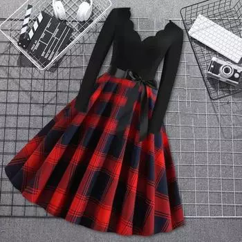 Женское винтажное платье с V-образным вырезом, цветочным краем, трапециевидным декором и бантом, большие качели, клетчатый принт, платье миди, контрастный цвет, с длинным рукавом, готическая рождественская вечеринка M красный