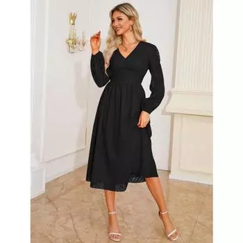 Женское винтажное платье с V-образным вырезом и жаккардовым узором, длинное платье-трапеция с большим свободным кроем S чёрный