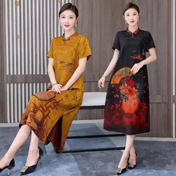 Женское винтажное платье со свободной талией и полувысоким воротником размера плюс 4xl, женская одежда для мам среднего возраста L зелёный