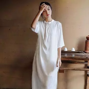 Женское винтажное платье-стойка Johnature, жаккардовое платье трапециевидной формы в китайском стиле с половиной рукавов, весна-лето M серый