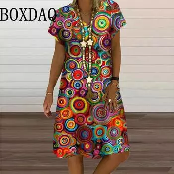 Женское винтажное платье свободного кроя с цветочным принтом, летнее платье-пуловер с V-образным вырезом и коротким рукавом, элегантное модное повседневное платье А-силуэта для женщин S