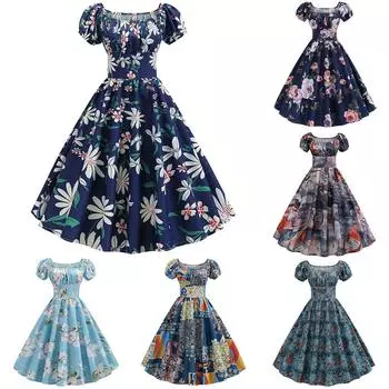 Женское винтажное платье в стиле ретро 1950-х годов с короткими рукавами и принтом, вечернее платье для выпускного вечера XXL синий
