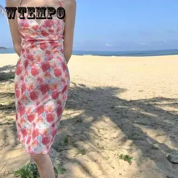 Женское винтажное пляжное платье с цветочным принтом, тонкое, элегантное, короткое праздничное платье с открытой спиной, изящное отпускное платье без рукавов M