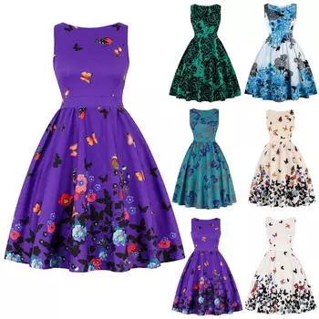 Женское винтажное повседневное модное пуловерное платье без рукавов с круглым вырезом и принтом