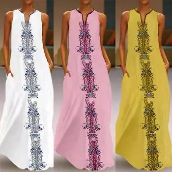 Женское винтажное повседневное повседневное летнее платье макси без рукавов в полоску с v-образным вырезом и принтом L розовый