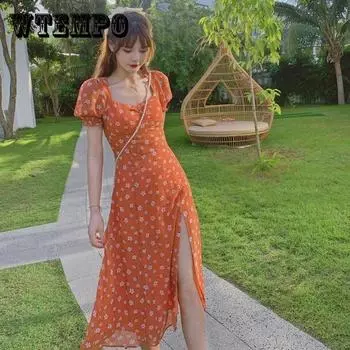 Женское винтажное праздничное платье с высокой талией, элегантное тонкое плиссированное платье с разрезом и цветочным принтом XXL