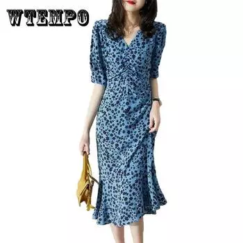 Женское винтажное сказочное праздничное нежное платье с высокой талией, элегантное маленькое свежее тонкое плиссированное вечернее платье с цветочным принтом XL