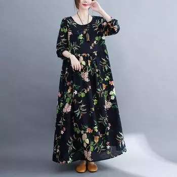 Женское винтажное свободное платье с длинными рукавами и боковыми карманами с принтом, весеннее повседневное праздничное платье M фиолетовый