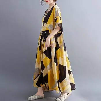 Женское винтажное свободное платье с геометрическим принтом контрастного цвета и половиной рукавов в стиле бохо праздничное повседневное платье