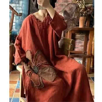 Женское винтажное свободное платье с v-образным вырезом и принтом One Size красный