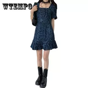 Женское винтажное тонкое элегантное праздничное платье с леопардовым принтом и квадратным вырезом с короткими рукавами и изящным джинсовым клубным платьем XL