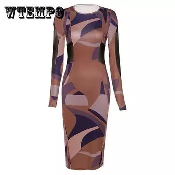 Женское винтажное тонкое платье с контрастным принтом для ночного клуба, элегантное вечернее платье в стиле бедра с длинными рукавами L