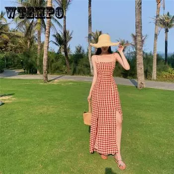 Женское винтажное тонкое праздничное платье на подтяжках, элегантное длинное изящное клетчатое платье с открытой спиной для отпуска XL