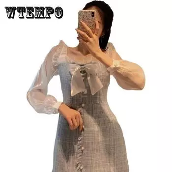 Женское винтажное тонкое праздничное платье с высокой талией, элегантное сказочное праздничное маленькое свежее платье с короткими рукавами XL