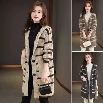 Женское вязаное пальто с капюшоном, длинным рукавом, полосатым принтом, свитер, пальто с карманами, свободный хаки