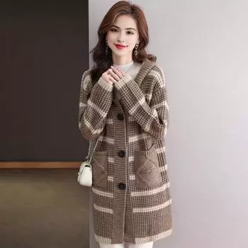 Женское вязаное пальто с капюшоном, длинным рукавом, полосатым принтом, свитер, пальто с карманами, свободный хаки