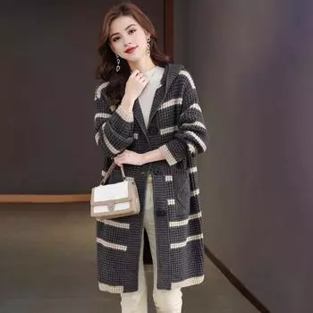 Женское вязаное пальто с капюшоном, длинными рукавами, полосатым принтом, свитером, пальто с карманами, свободного кроя, осень-зима, повседневная вязаная верхняя одежда One Size хаки