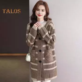 Женское вязаное пальто с капюшоном, длинными рукавами, полосатым принтом, свитером, пальто с карманами, свободного кроя, осень-зима, повседневная вязаная верхняя одежда хаки