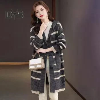 Женское вязаное пальто с капюшоном, длинными рукавами, полосатым принтом, свитером, пальто с карманами, свободного кроя, осень-зима, повседневная вязаная верхняя одежда хаки