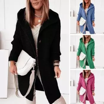 Женское вязаное пальто средней длины с капюшоном и длинным рукавом, однотонный свободный свитер, верхняя одежда, уличная одежда M чёрный