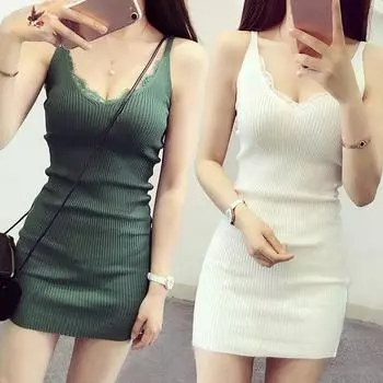 Женское вязаное платье-майка средней длины с кружевной нижней рубашкой Студенческая корейская версия кофейный