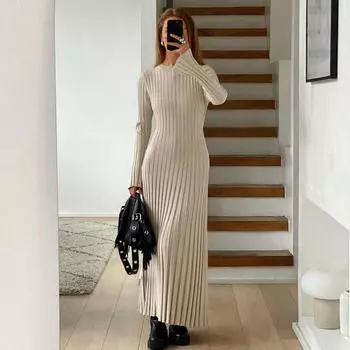 Женское вязаное платье макси на шнуровке, осеннее модное лоскутное платье с высокой талией и длинными рукавами, свободное однотонное платье, бандажное трикотажное платье S бежевый