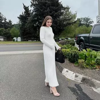 Женское вязаное платье макси на шнуровке, осеннее модное лоскутное платье с высокой талией и длинными рукавами, свободное однотонное платье, бандажное трикотажное платье L белый