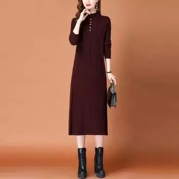 Женское вязаное платье-пуловер средней длины с высоким воротником, новинка 2022 года, осенне-зимний темпераментный свитер с тонким низом, женский пуловер One Size чёрный