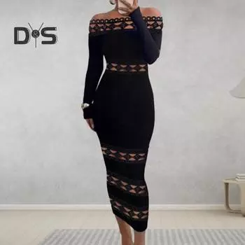 Женское выпускное платье-бандо с открытыми плечами, облегающее платье с длинным рукавом, однотонное, эластичное, с ромбами, в стиле пэчворк, длиной до середины икры, миди, вечернее XL чёрный