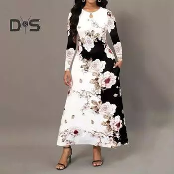 Женское выпускное платье с цветочным принтом, круглым вырезом, А-силуэтом, свободным подолом, длинным рукавом, узкой талией, потайной вышивкой, цветное сочетание, длина до щиколотки, карманы, осень-весна, макси XL чёрный
