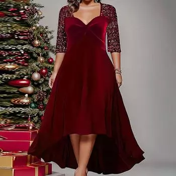 Женское выпускное платье с глубоким вырезом, V-образным вырезом, большого размера, с большим подолом, трапециевидной формы, с коротким рукавом, с блестками, в стиле пэчворк, с неровным подолом, длиной до щиколотки, для леди, весна-осень, макси 5XL красный