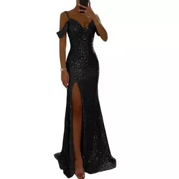 Женское выпускное платье с открытыми плечами, с короткими рукавами, длиной до пола, вечернее платье, повседневное платье макси с пайетками и боковым разрезом S чёрный