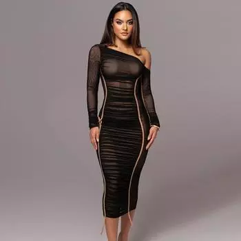 Женское выпускное платье с открытыми плечами, облегающее, с длинным рукавом, эластичное, в стиле пэчворк, до середины икры, длина миди S чёрный