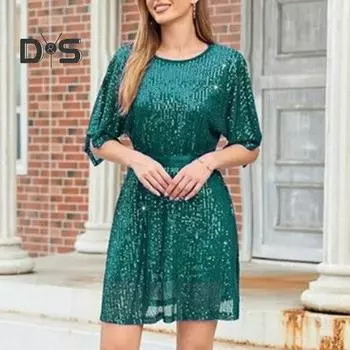 Женское выпускное платье с разрезом на половину длины, рукавом «летучая мышь», круглым вырезом, свободным, блестящим, с пайетками, двухслойным, с поясом, облегающим, с высокой талией, мягкое, для клубной вечеринки, женское мини-платье L темно-зеленого