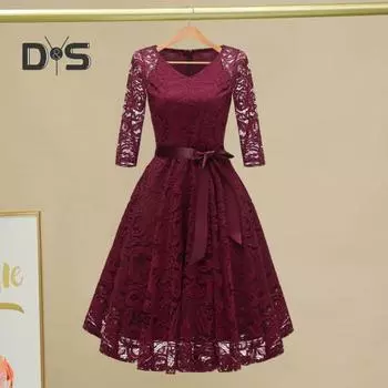 Женское выпускное платье с V-образным вырезом сзади, молнией на спине, бантом на поясе, обтягивающее, средней талии, цветочной вышивкой, А-силуэта, свободный подол, длинный рукав, двухслойное, элегантное, для банкета, миди M вино красного