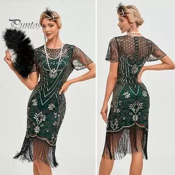 Женское выпускное платье в винтажном стиле с ажурным кружевом, кисточками и пайетками, прозрачный круглый вырез, короткие рукава, облегающий крой, застежка-молния сзади, коктейльная вечеринка S чёрный