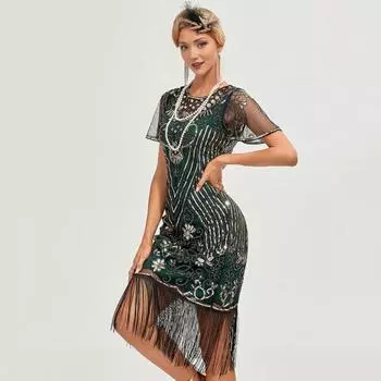 Женское выпускное платье в винтажном стиле с ажурным кружевом, кисточками и пайетками, прозрачный круглый вырез, короткие рукава, облегающий крой, застежка-молния сзади, коктейльная вечеринка S зелёный