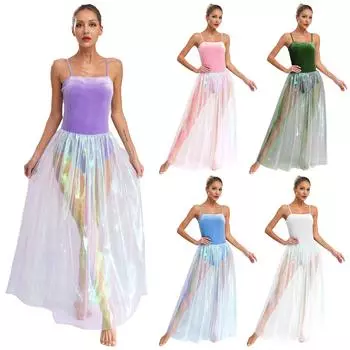 Женское выпускное вечернее бальное платье для сцены, блестящее балетное бальное платье для лирических современных танцев, юбка в складку, длинное платье для выступлений S светло-фиолетовый