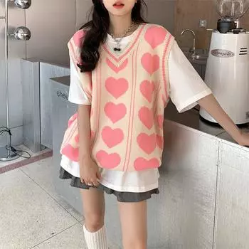 Женское Y2K Love без рукавов для пары, розовое бюстье, вязаный жилет, свитер, зимняя блузка в корейском стиле, верхняя одежда, уличная одежда, готика 2023