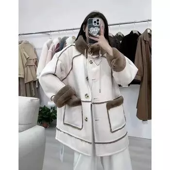 Женское замшевое пальто из овечьей шерсти Женское пальто с капюшоном из искусственного меха Женское пальто средней длины Свободное и толстое S