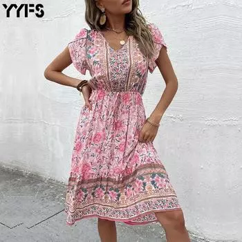 Женское зеленое платье с v-образным вырезом и принтом S розовый